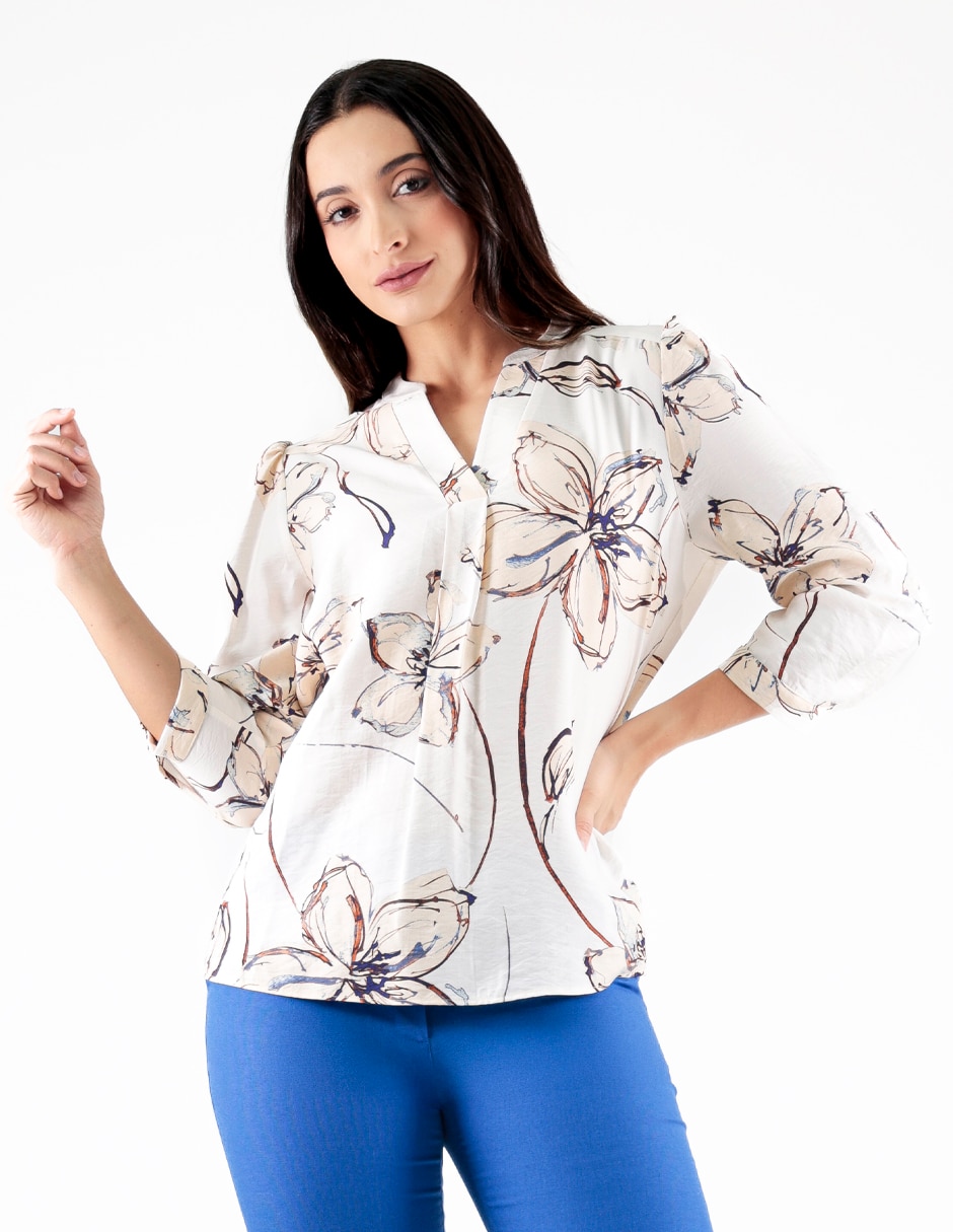 Blusa hibiscus navy manga 3/4 para mujer