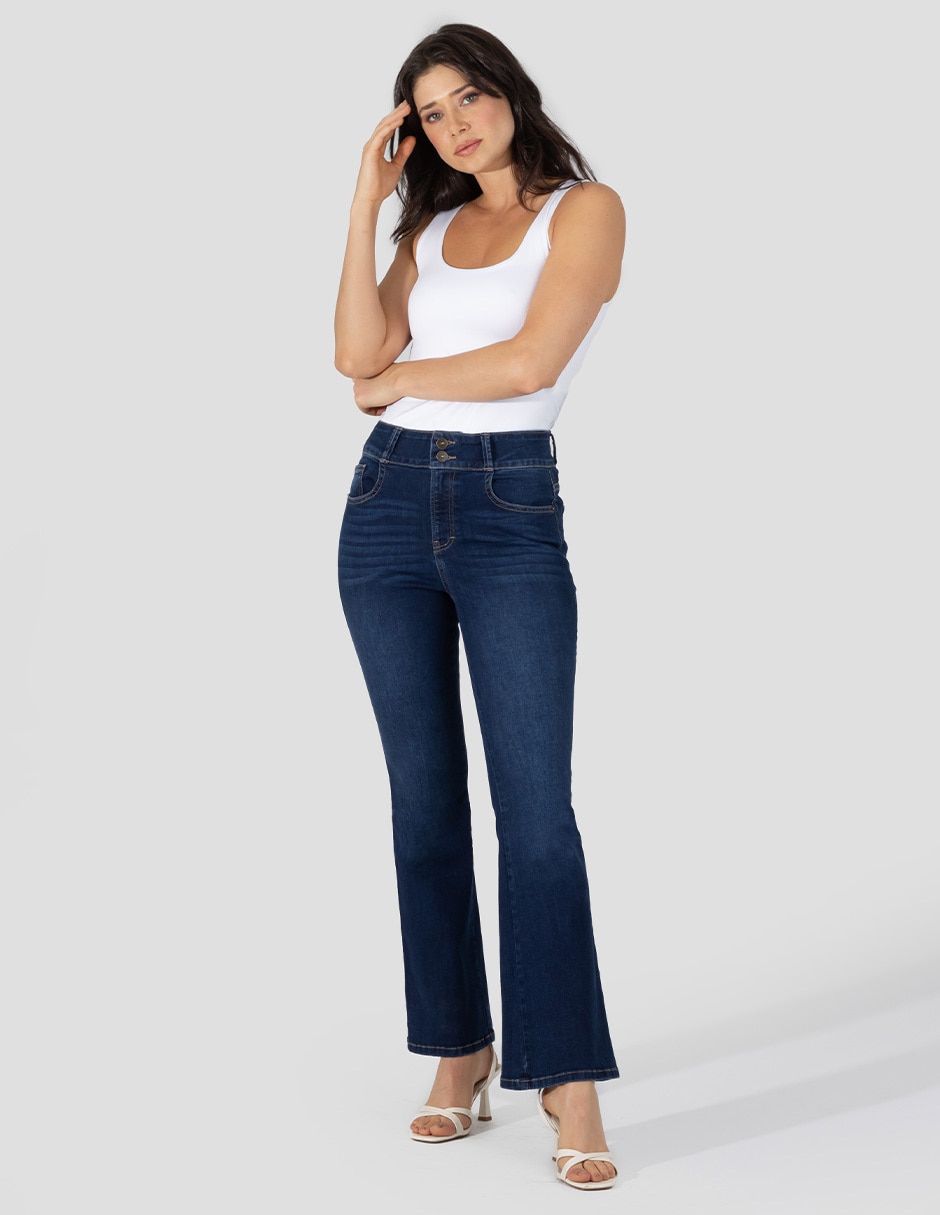 Jeans regular flare corte media cintura para mujer